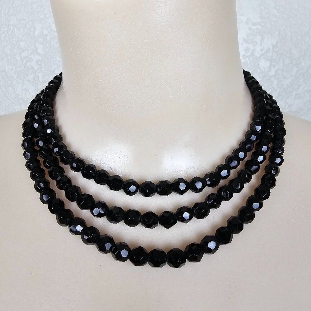 Vtg Art Deco 40s Triple Strand Mourning French Jet Black Glass Choker Necklace